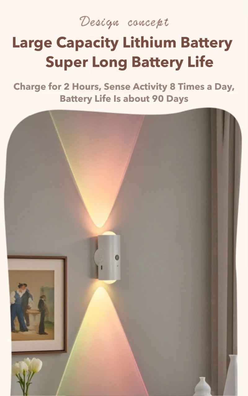 Modern white rechargeable wall lamp casting dual upward and downward multi-coloured RGB light beams on a grey wall.