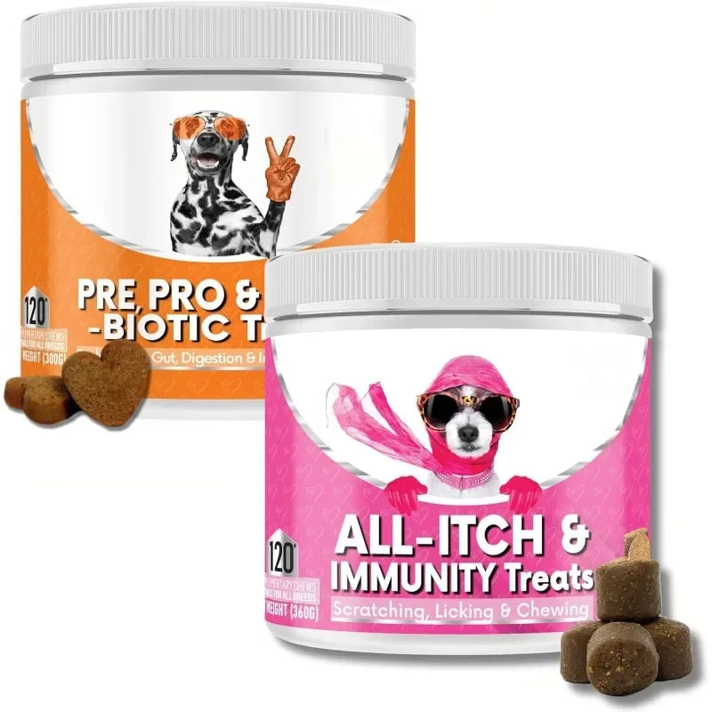 Two pots of dog chews: orange for gut health and pink for skin and immunity, featuring fun dog illustrations.