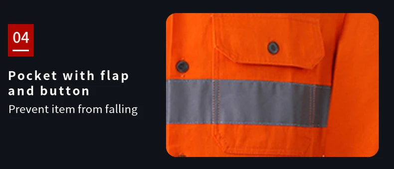Close-up of an orange high-visibility shirt featuring a secure buttoned chest pocket and reflective safety tape.