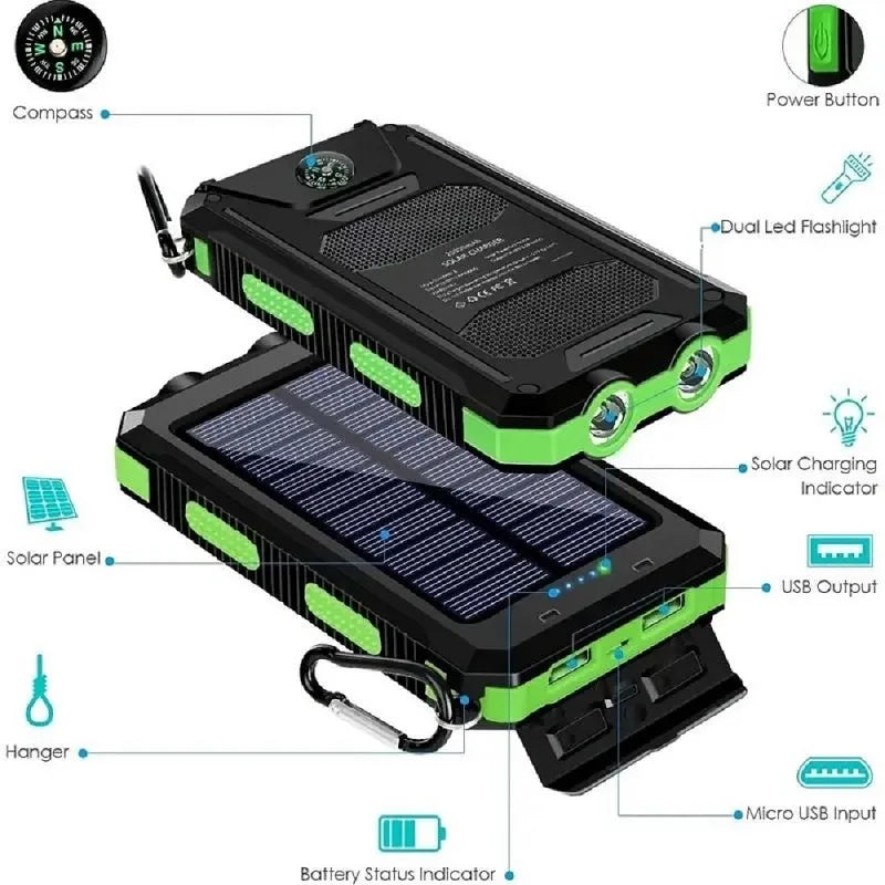 Rugged black and green portable solar power bank with built-in compass, dual LED flashlight, and carabiner clip.