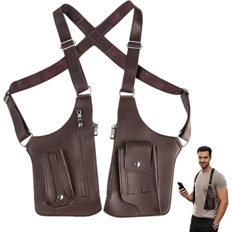 Brown tactical dual-holster chest bag with adjustable straps, zip pockets, and snap-button pouches for easy storage.