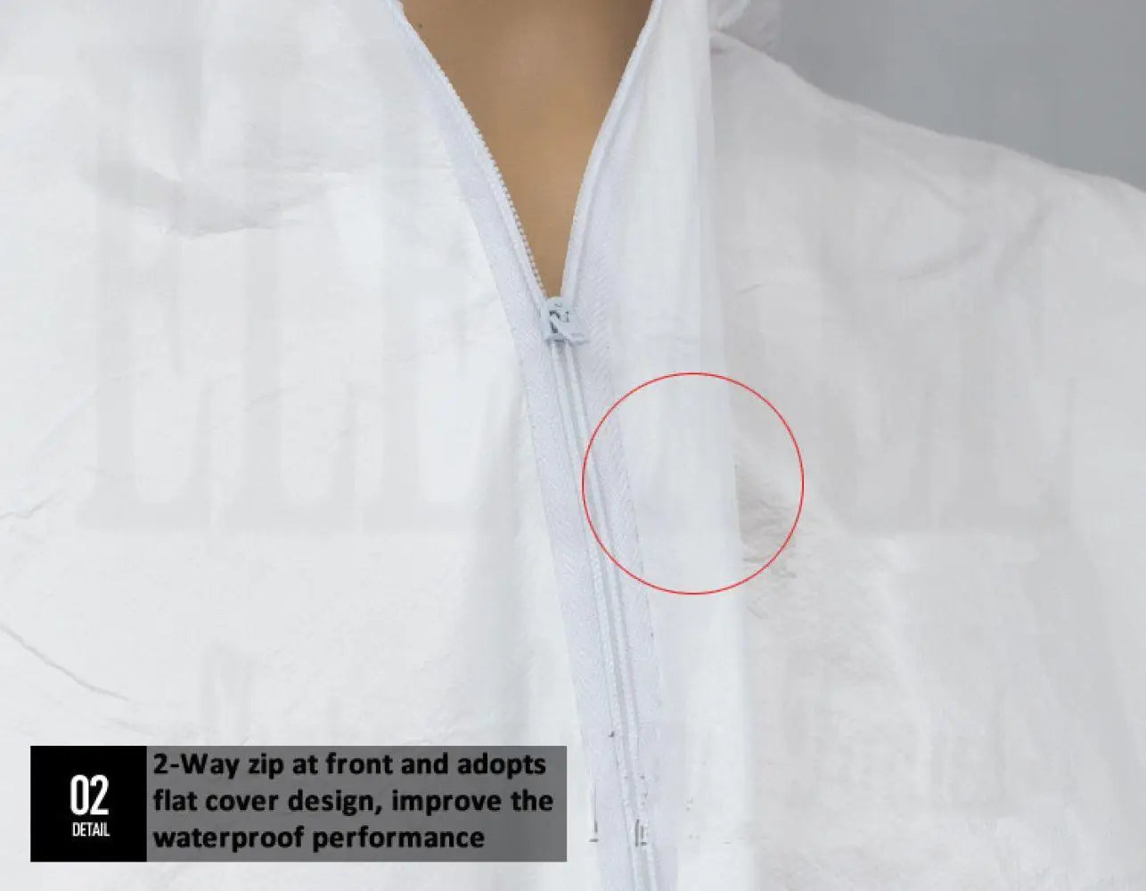 White protective suit made of thin, water-resistant material with a front-facing zip and protective cover flap.