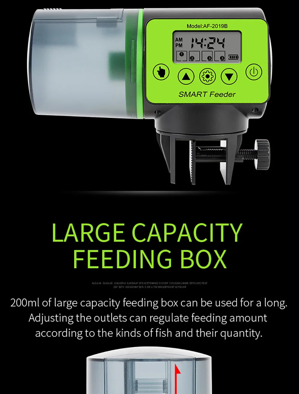 Black and lime green digital aquarium fish feeder with a transparent food container and adjustable mounting clamp.