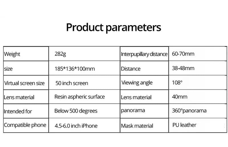 A technical specification table for a VR headset listing weight, dimensions, screen size, and material details.