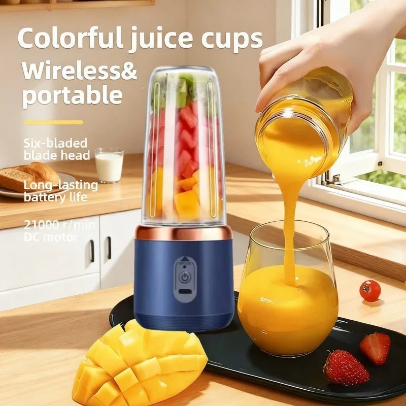 Portable, wireless blue and rose-gold juice blender, shown with fruit inside and pouring liquid into a glass.