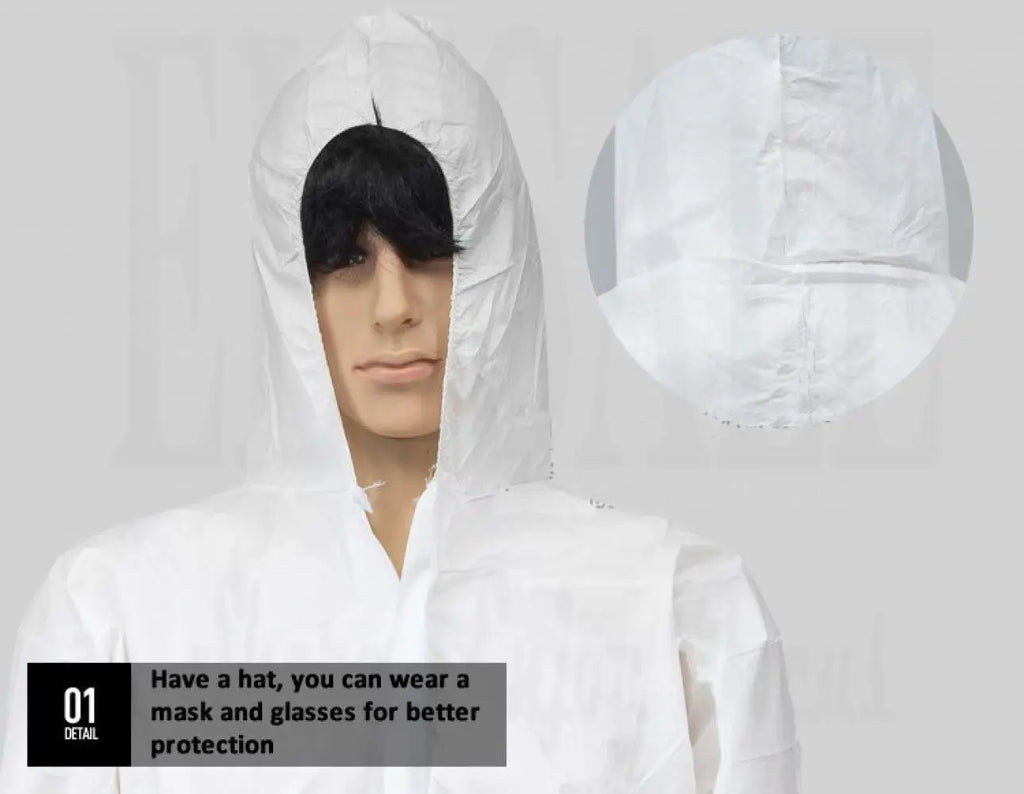 White hooded protective coverall worn by a mannequin, featuring a drawstring hood.