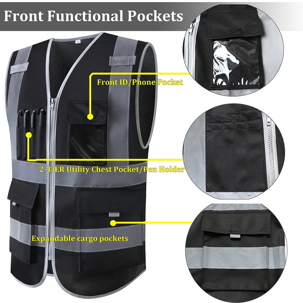 Black hi-vis safety vest with reflective strips, featuring multiple functional utility pockets and a zip-front closure.