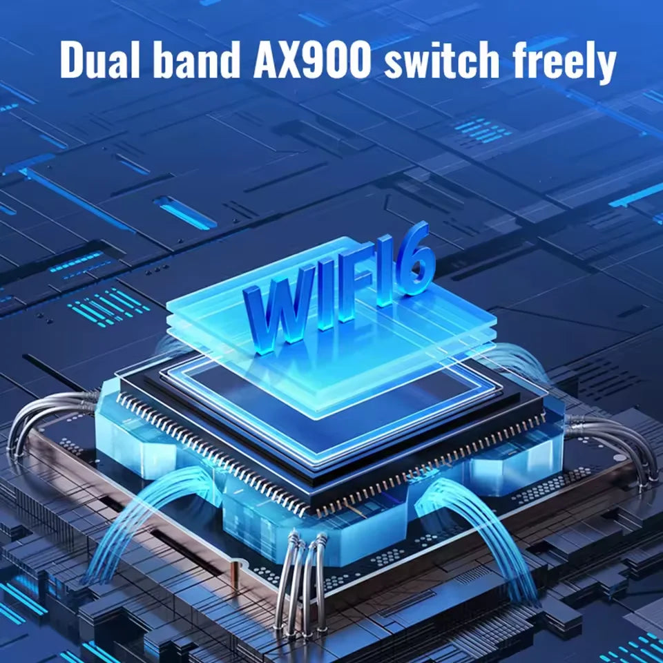 Blue digital graphic showing a computer chip with a 3D "WiFi 6" label, representing dual-band wireless technology.
