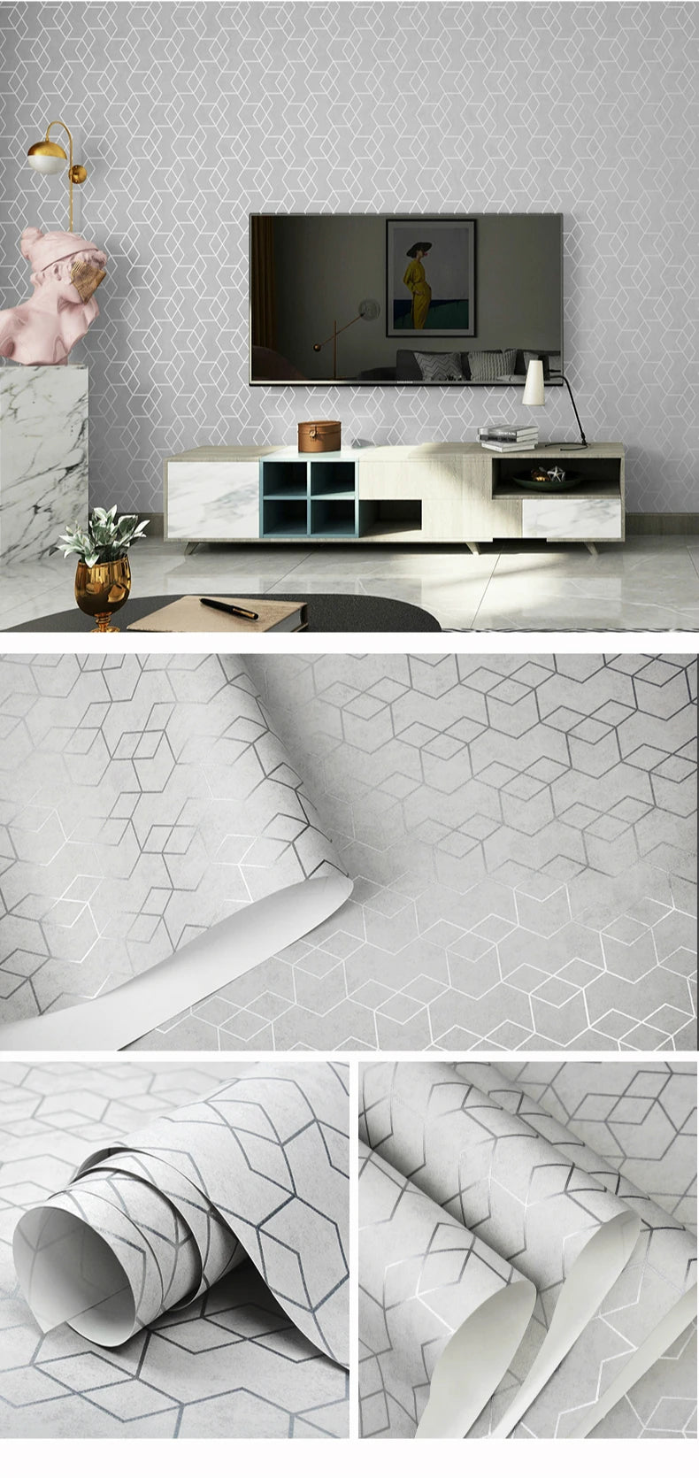 Modern light grey wallpaper with a metallic silver geometric cube pattern, shown in a living room and as close-up rolls.