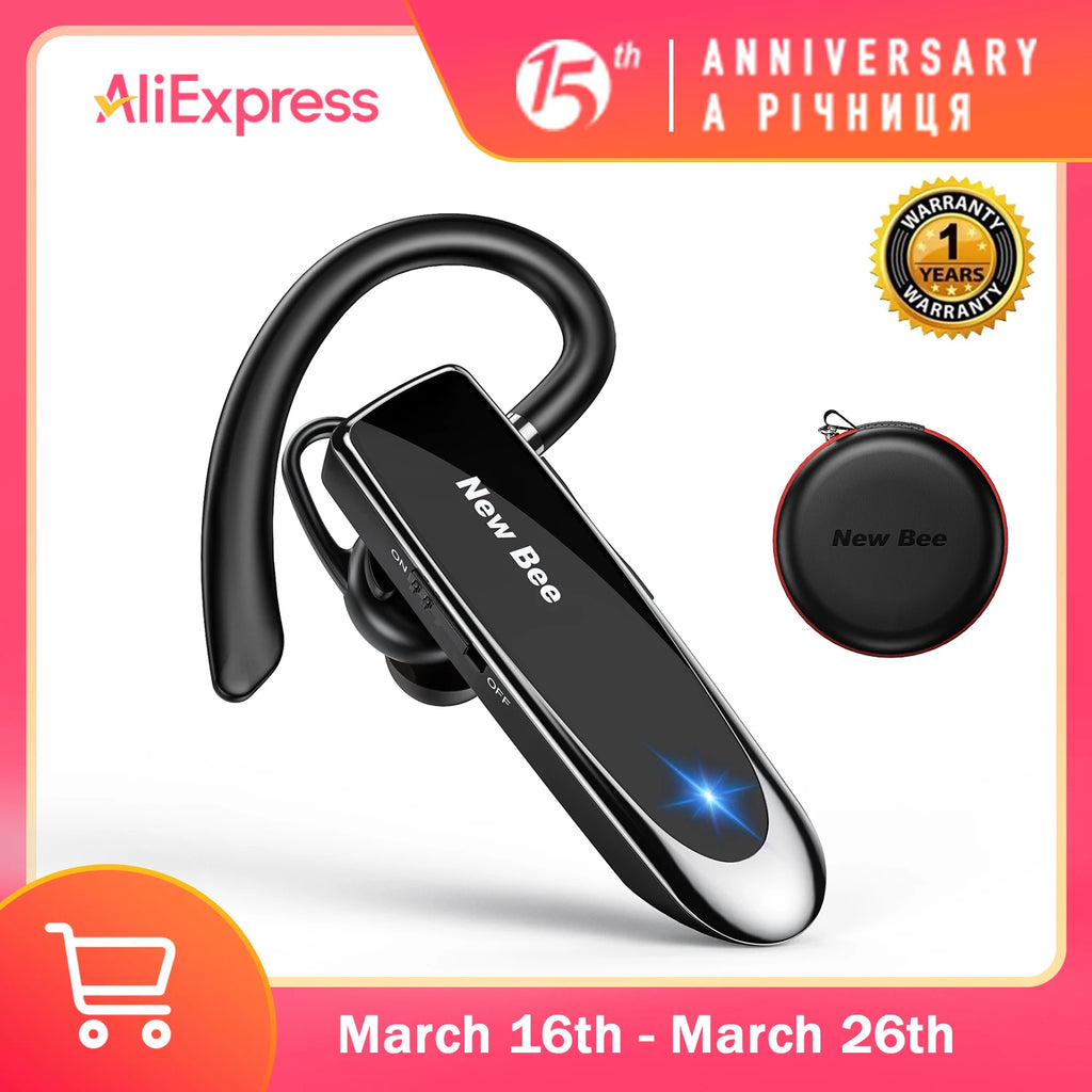 Sleek black wireless business headset with ear hook and matching compact round storage case.