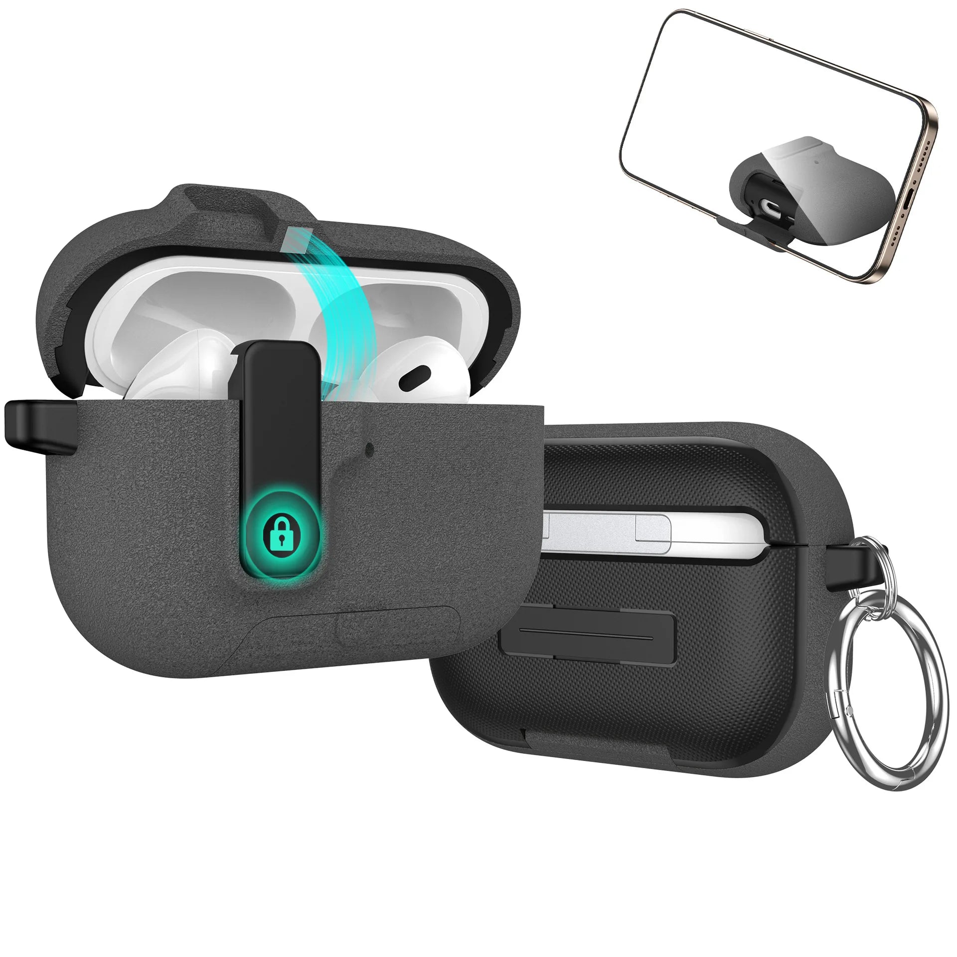 Dark grey, textured locking protective case for Apple AirPods Pro with metal keyring attachment.