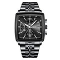 Black square quartz wristwatch with a metal link bracelet, chronograph subdials, and a date window.
