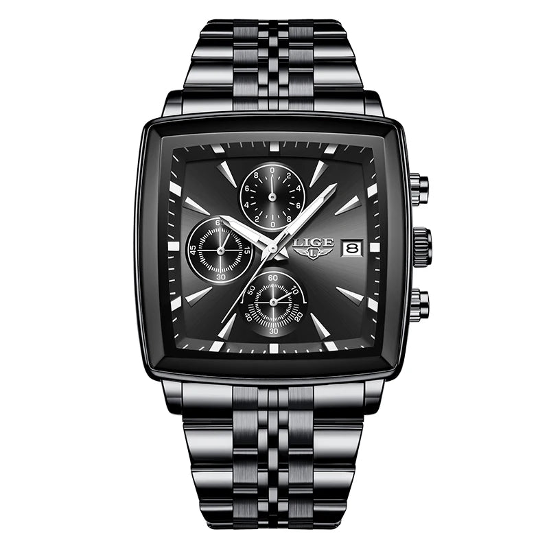 Black square quartz wristwatch with a metal link bracelet, chronograph subdials, and a date window.
