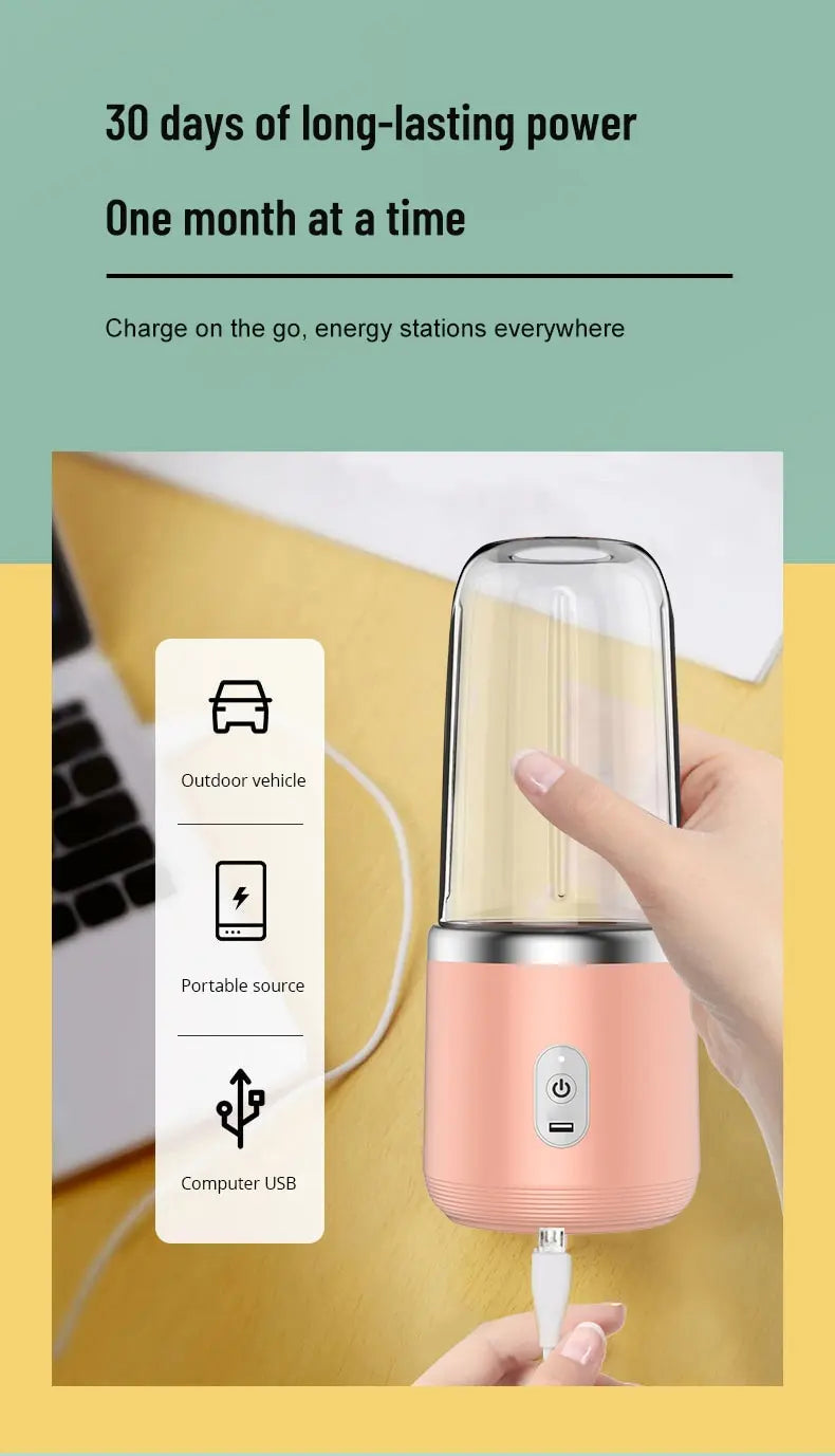 A portable, rechargeable pink personal blender with a clear cup and USB charging port, held in a person's hand.