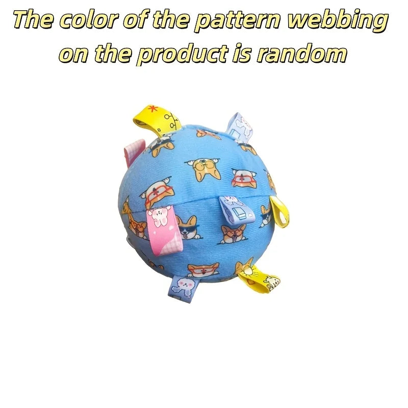 Blue interactive dog ball with animal print pattern, featuring colourful fabric tabs for enrichment and play.