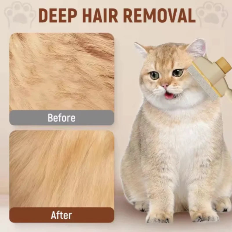A light beige pet grooming brush shown with a before-and-after of a ginger cat's fur.