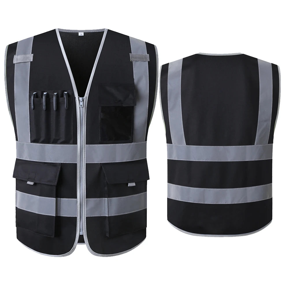 Black hi-vis safety vest with reflective strips, front zip, and multiple storage pockets for pens and tools.