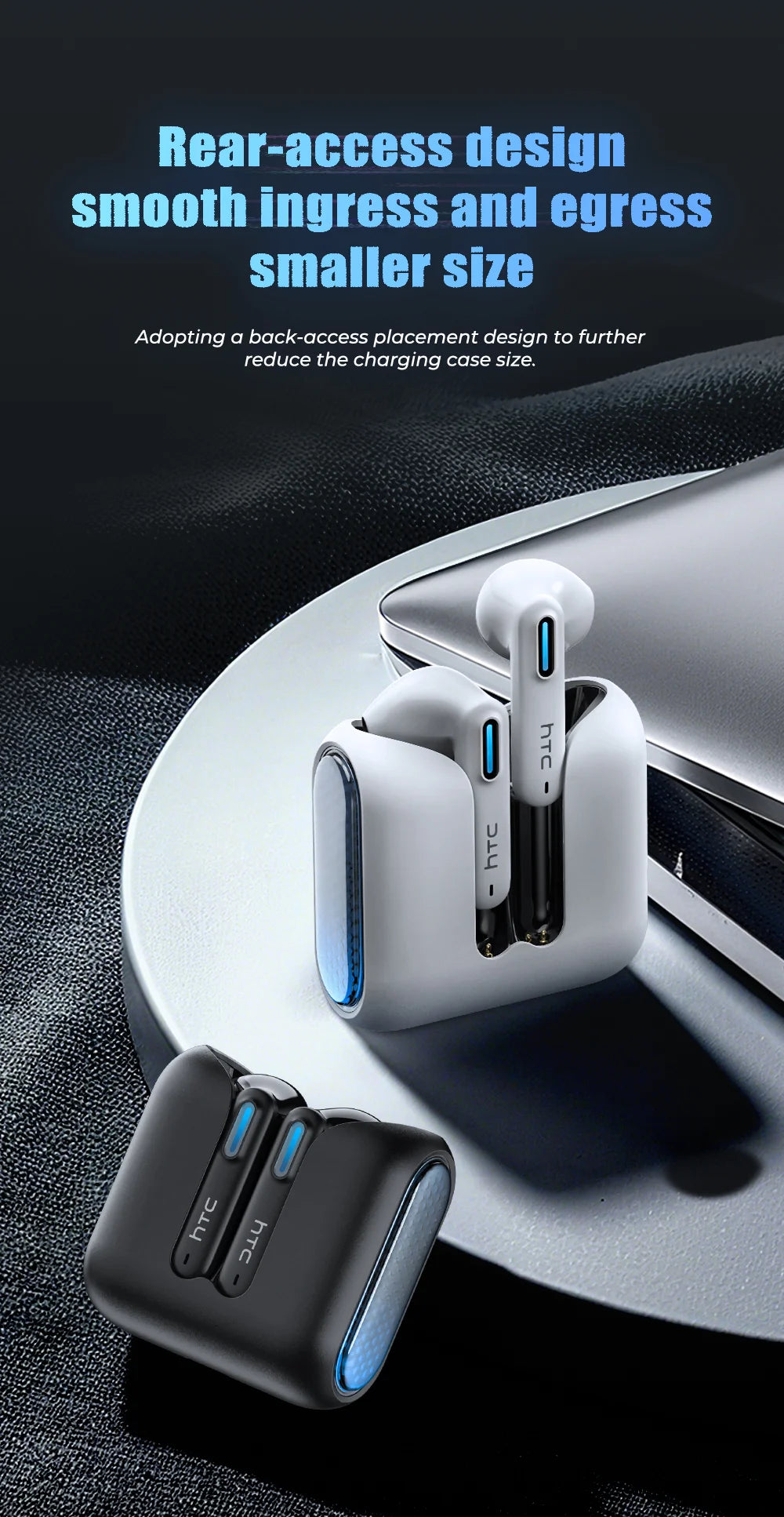 Black and white wireless earbuds with compact rear-access charging cases featuring blue light accents.