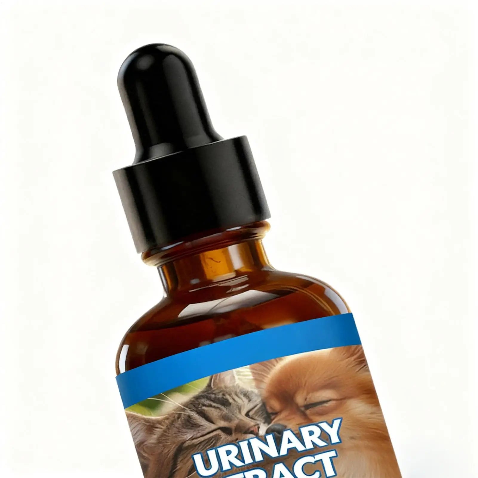 Amber glass dropper bottle for pet urinary tract support, featuring a blue label with images of a cat and a dog.