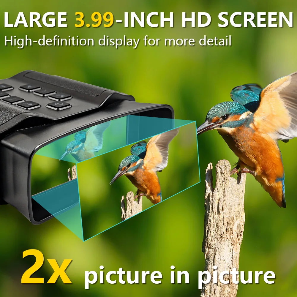 Black plastic digital binoculars with a 3.99-inch HD display screen showing a kingfisher in picture-in-picture mode.