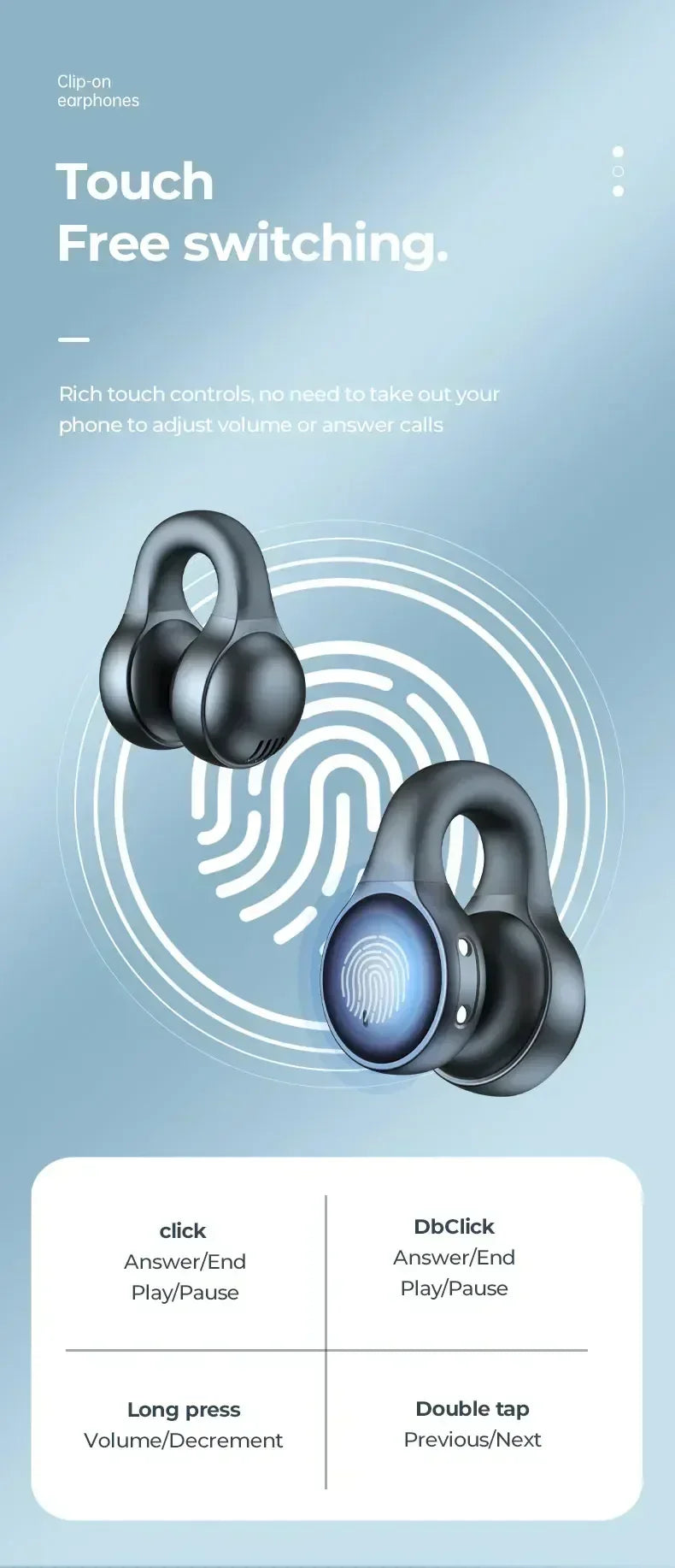 Matte black open-ear clip-on earphones with touch-sensitive controls shown against a light blue background.