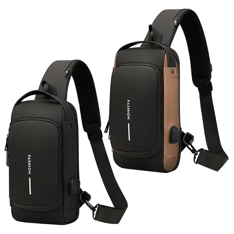 Two black and bronze waterproof anti-theft crossbody sling bags with built-in USB charging ports.