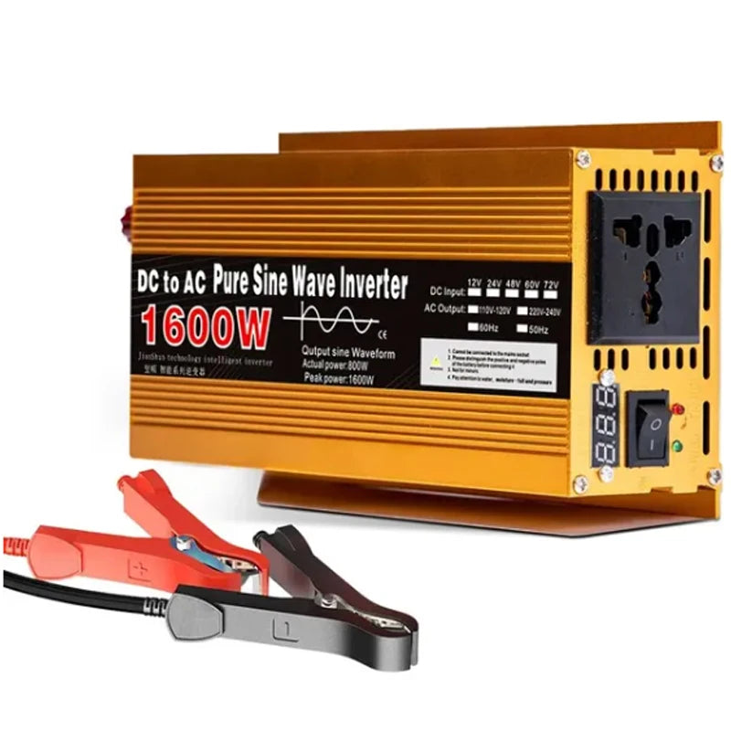 Gold 1600W pure sine wave power inverter with a digital display, plug socket, and red and black battery cable clamps.