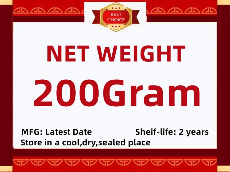 Product label: 200g net weight, 2-year shelf life, store in a cool, dry, sealed place. Red and white design.