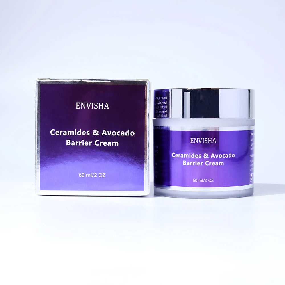 60ml jar and box of Ceramides & Avocado barrier cream in deep purple packaging with silver accents.