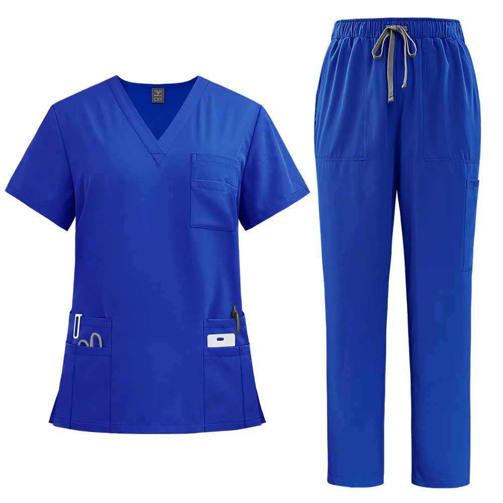 Royal blue women’s scrub set with a V-neck top, multiple pockets, and drawstring trousers.