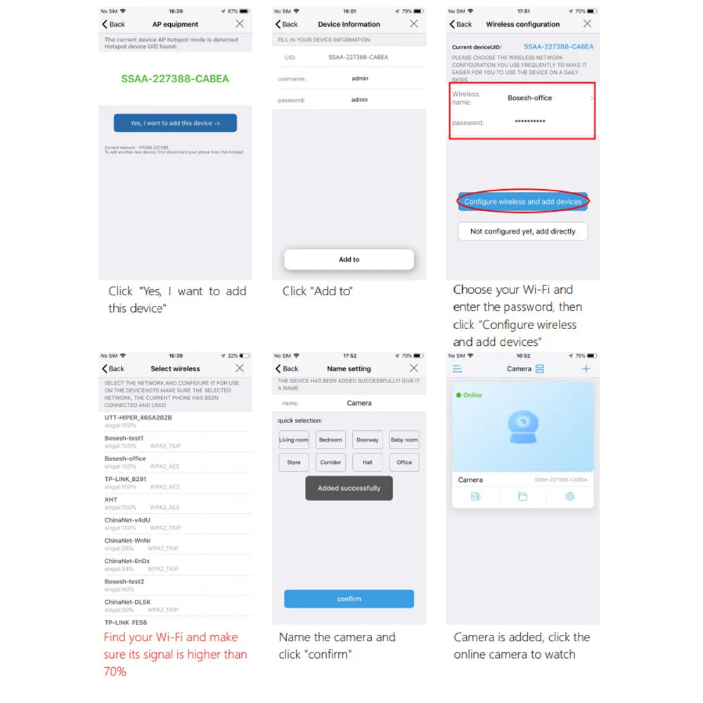 Six screenshots showing a mobile app interface for setting up and configuring a wireless security camera via Wi-Fi.