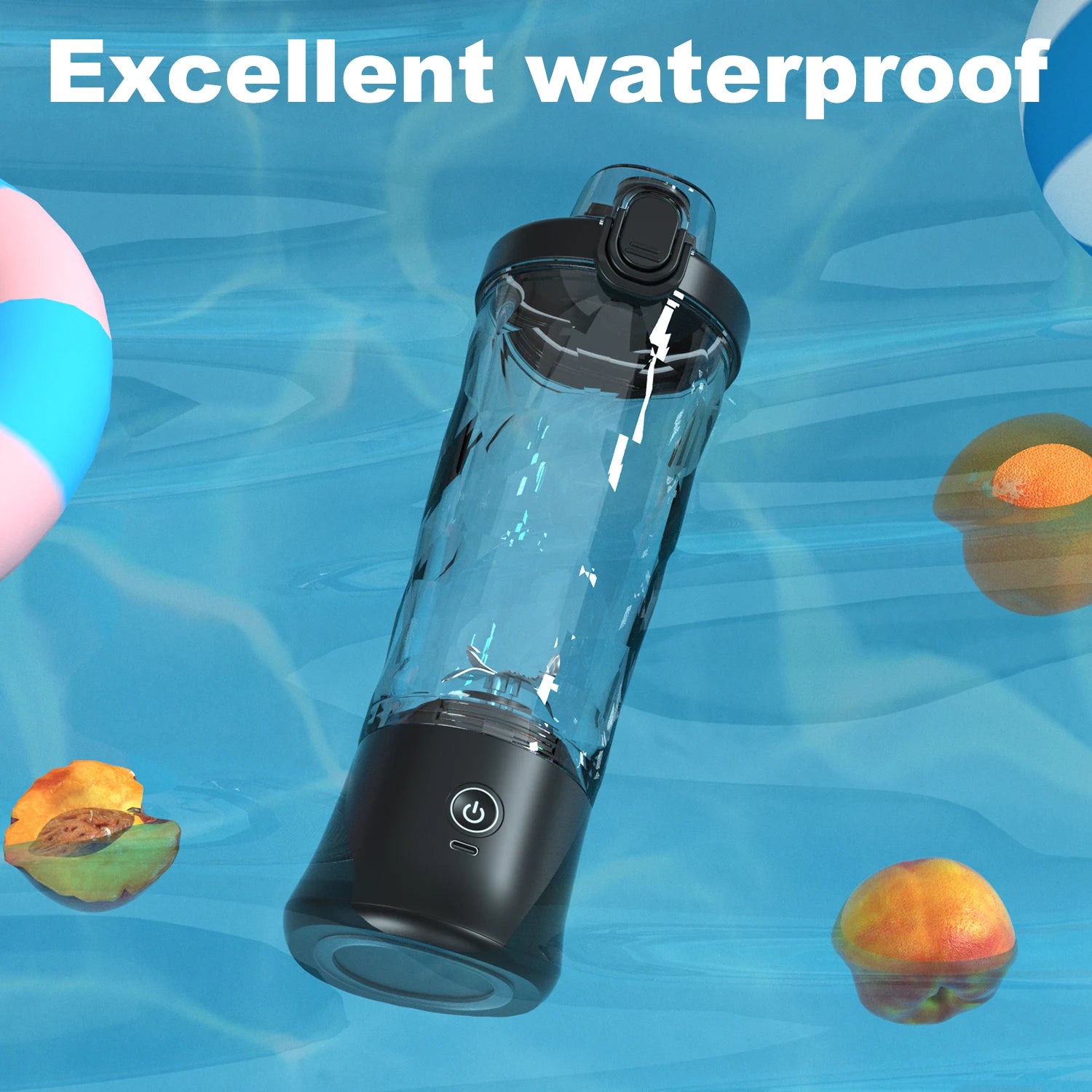 A portable, clear, black, electric blender bottle floating in water surrounded by fruit and a beach ball.