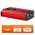 Red 6000W DC to AC power inverter with a black port panel, digital display, and included 12V/24V battery connection leads.