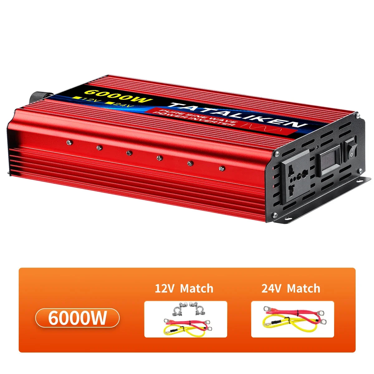 Red 6000W DC to AC power inverter with a black port panel, digital display, and included 12V/24V battery connection leads.