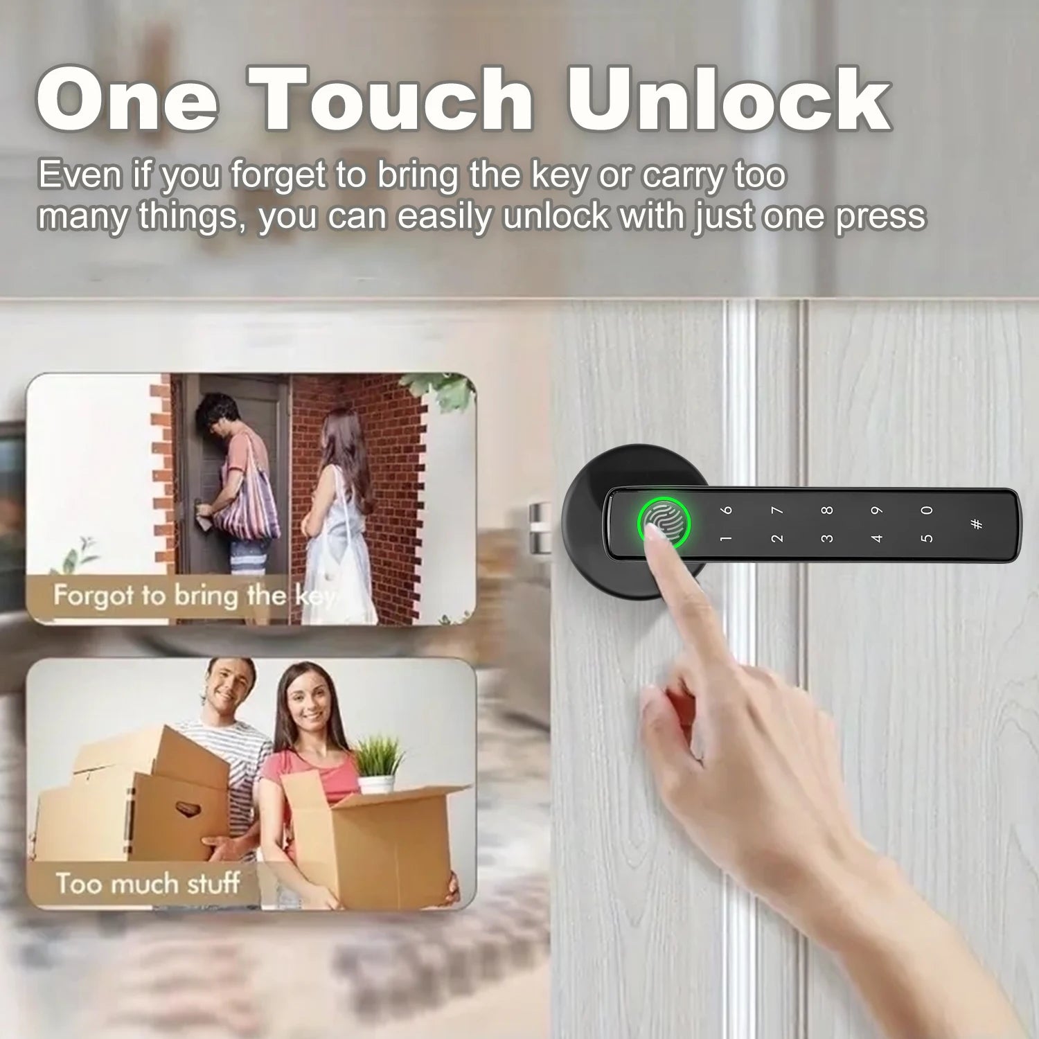 Black metal smart door handle with fingerprint scanner, numeric keypad, and light-up lock indicator.