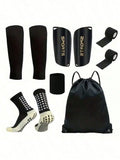 Black football starter set with shin guards, grip socks, compression sleeves, tape, wristband, and drawstring bag.