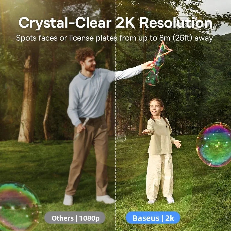 Comparison of 1080p and 2K resolution in a park with a man and child making bubbles, with text highlighting 2K clarity.