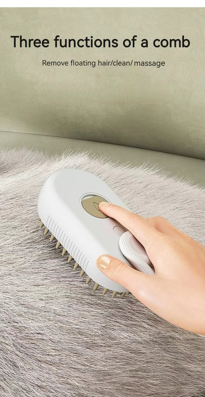 White, oval handheld pet grooming brush with beige silicone bristles, shown being pressed on a fluffy surface.