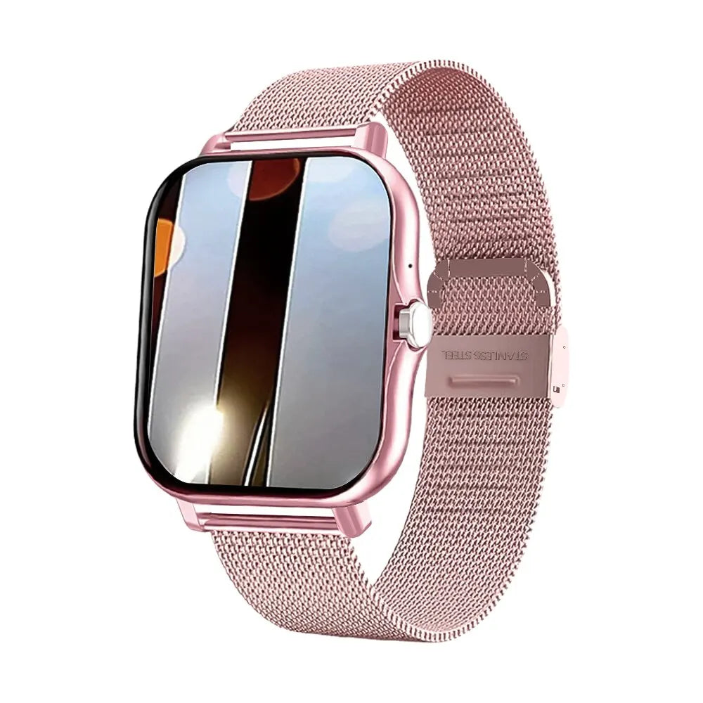 Rose gold smartwatch with a rectangular touchscreen and a stylish, adjustable stainless steel mesh strap.