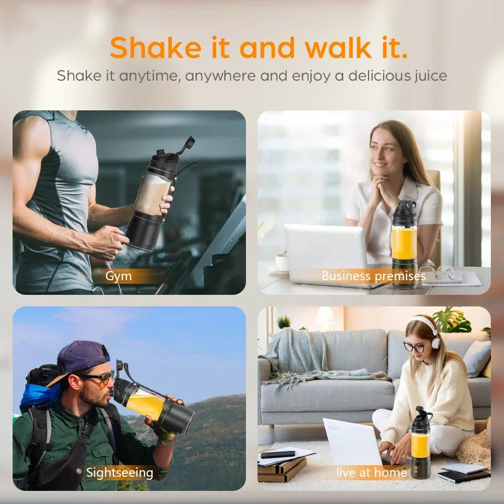 Portable black and clear blender bottle shown in four different lifestyle settings.