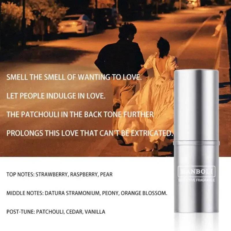 Silver cylindrical roller ball pheromone perfume bottle with a cap and label.