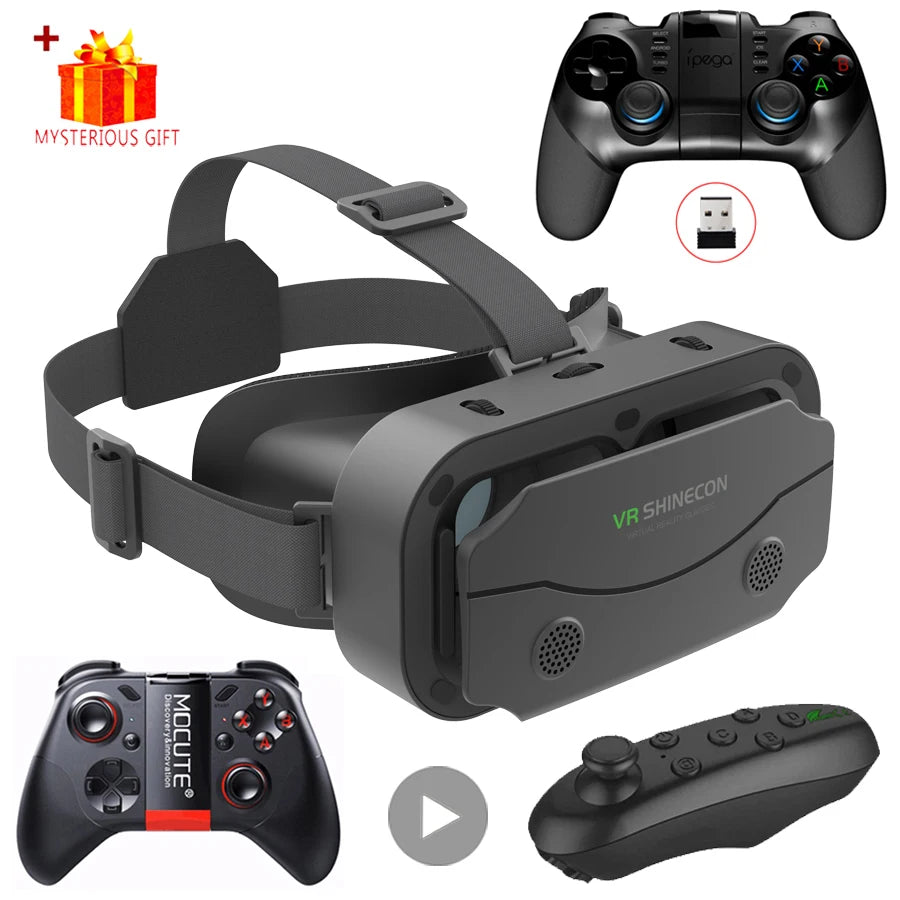 Black VR Shinecon headset with adjustable straps, plus two black controllers, a USB adapter, and gift box.