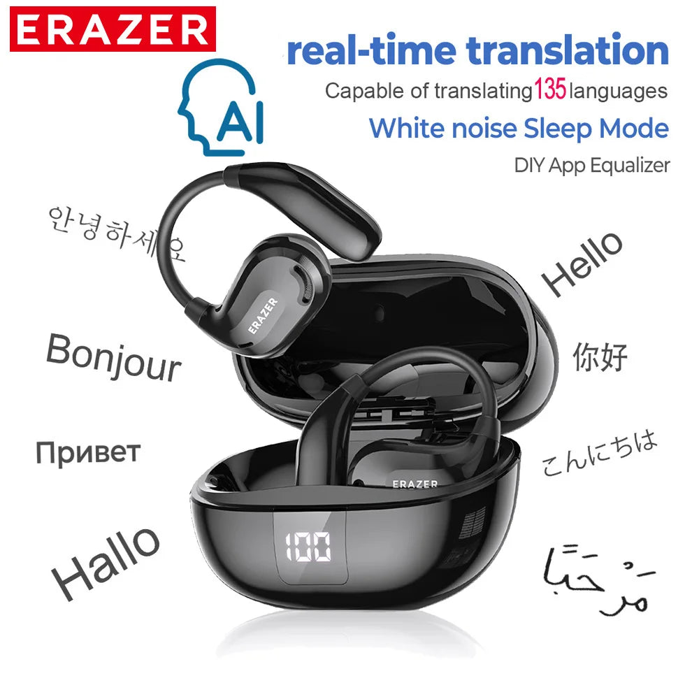 Black ear-hook wireless earbuds with a charging case featuring a digital battery display. Text highlights AI translation.