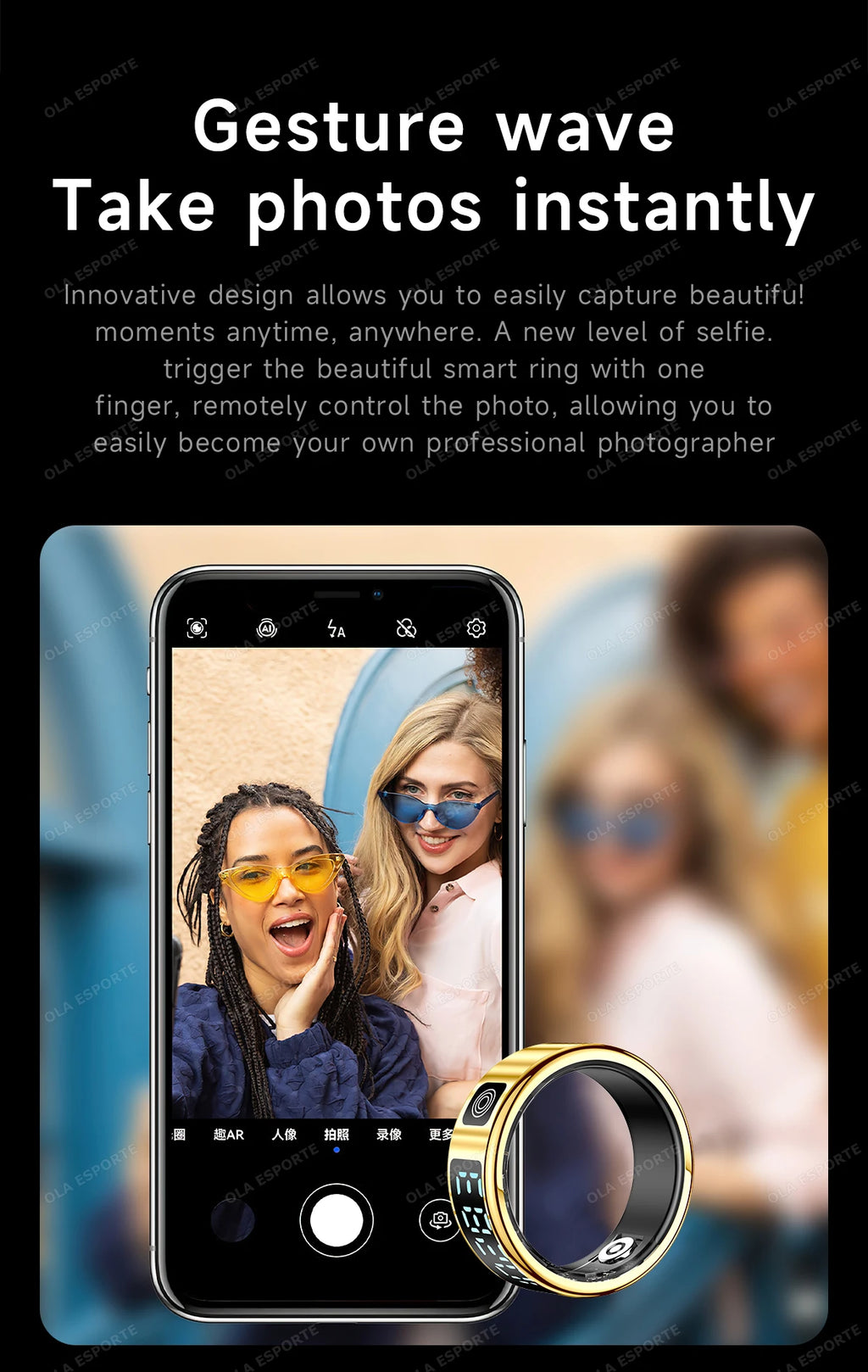 A sleek gold and black smart health tracking ring, shown next to a smartphone screen displaying a camera app interface.