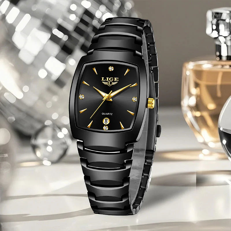Elegant black stainless steel ladies' quartz watch with gold hands, diamond hour markers, and a date display.