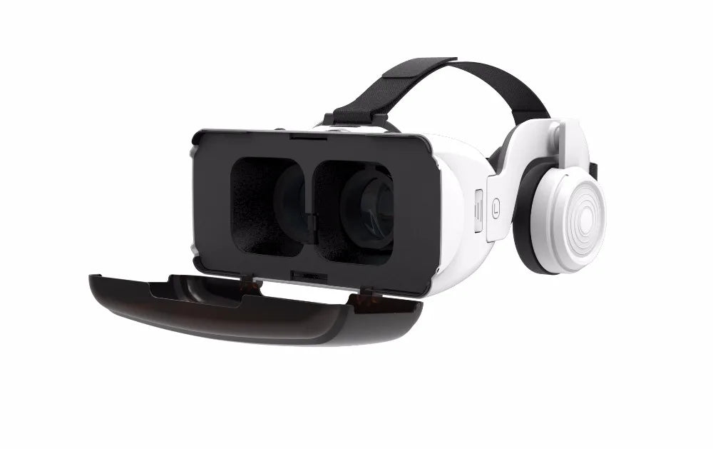 White smartphone VR headset with integrated headphones, adjustable head strap and open front cover.
