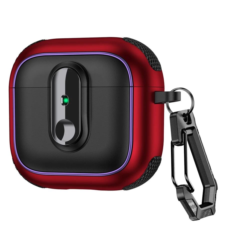 Rugged red and black protective case for AirPods with a secure carabiner clip.