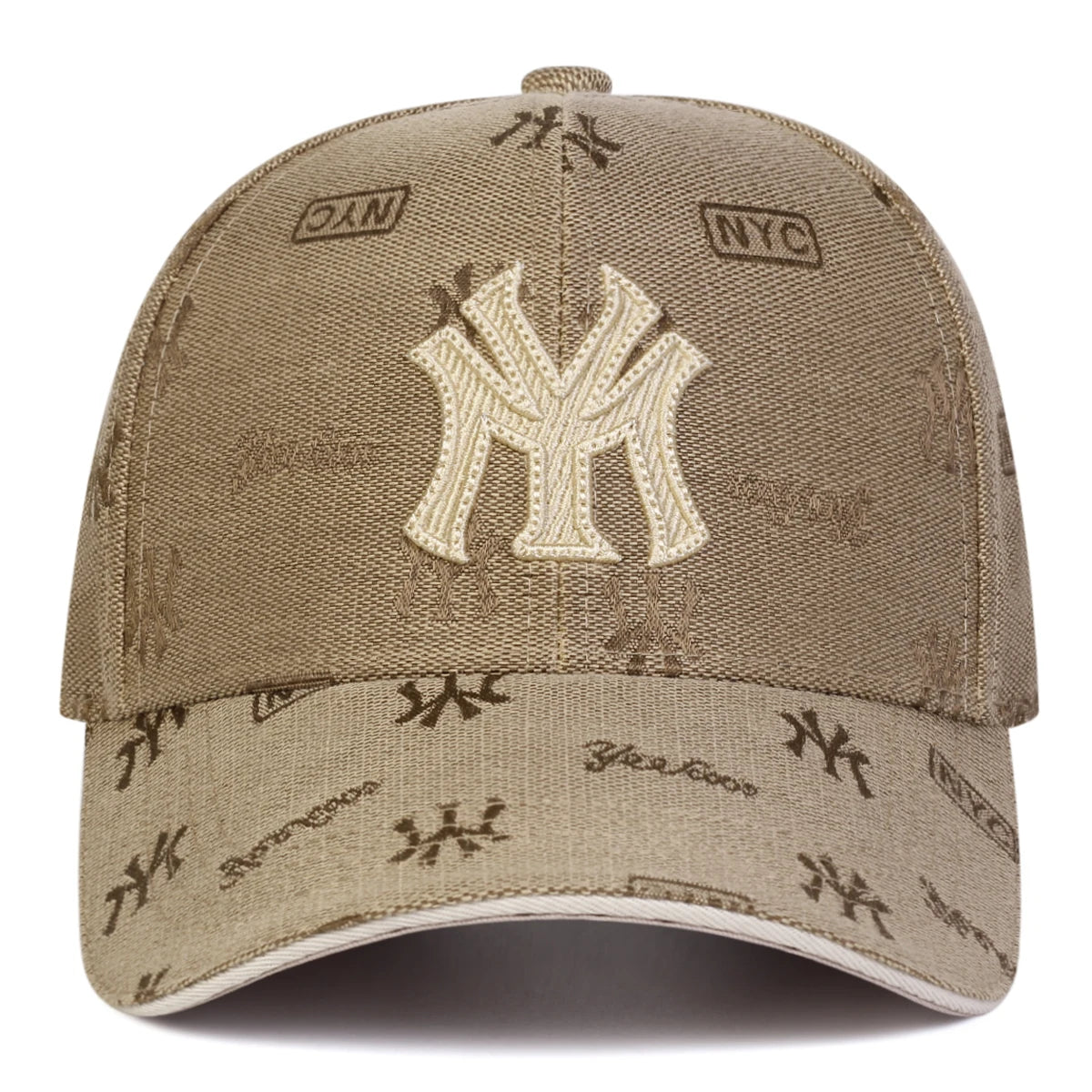 Beige unisex baseball cap with a large central "MY" monogram and an all-over small pattern of logos and "NYC" text.
