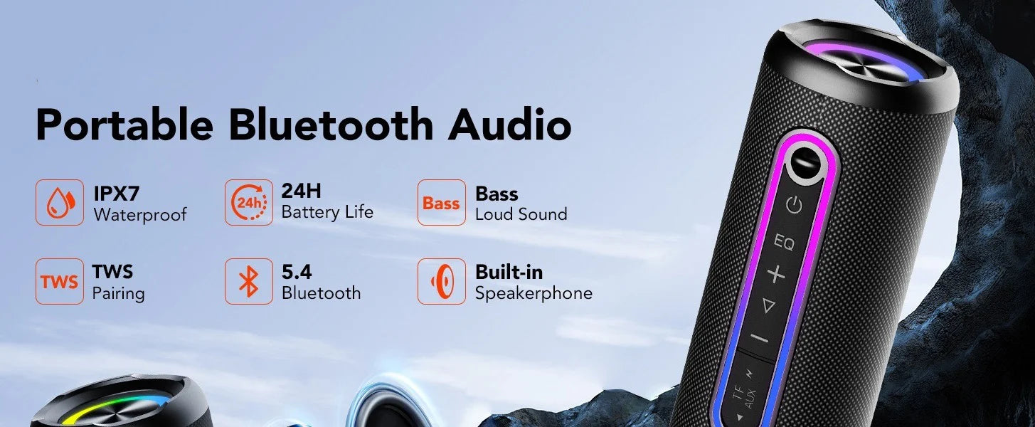 Black cylindrical portable Bluetooth speaker with LED light strip, featuring waterproof design and long battery life.