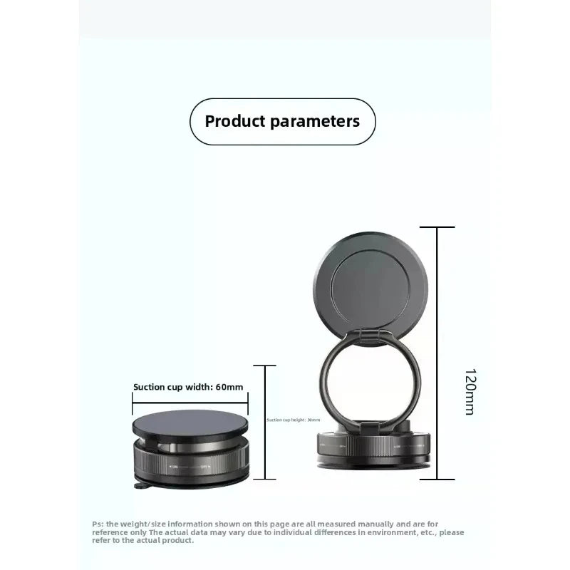A black circular suction cup mount with a folding ring holder, shown with dimensions, 60mm wide and 120mm total height.